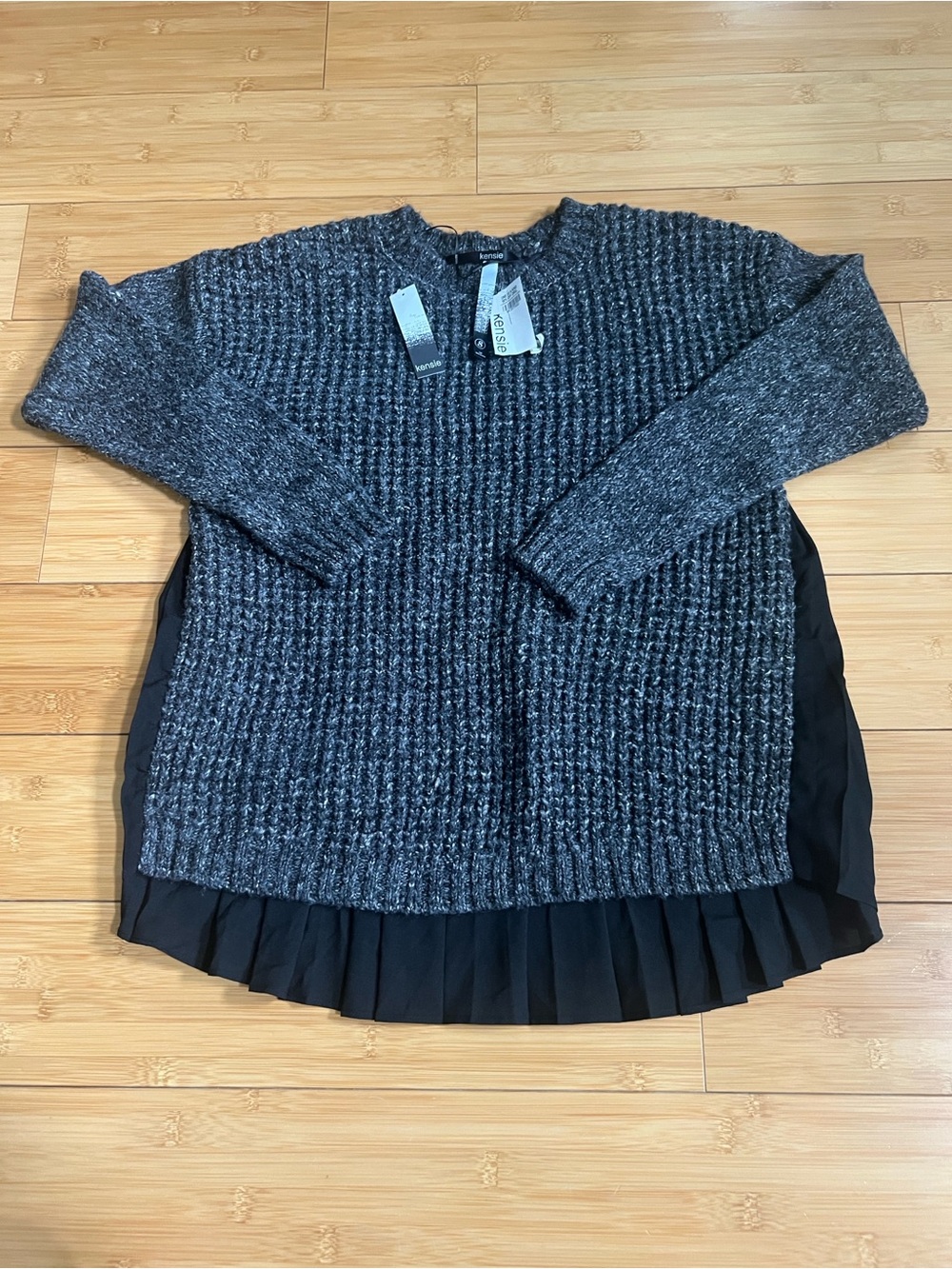 NWT Kensie Layered Look Pullover Sweater Tunic Womens Small S Gray Chiffon Trim